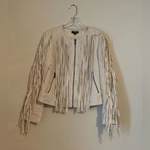 NWT! A.N.A. Women’s Faux Leather & Linen White Zip-Up Jacket w/Fringe ~ Sz Med.